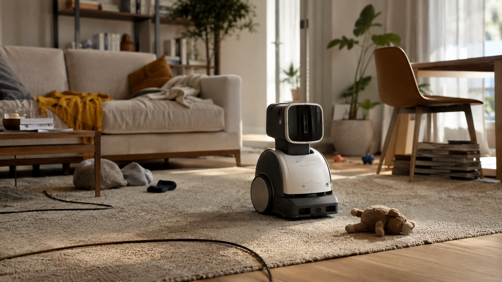 Robot domestique dans une pièce de vie réelle.